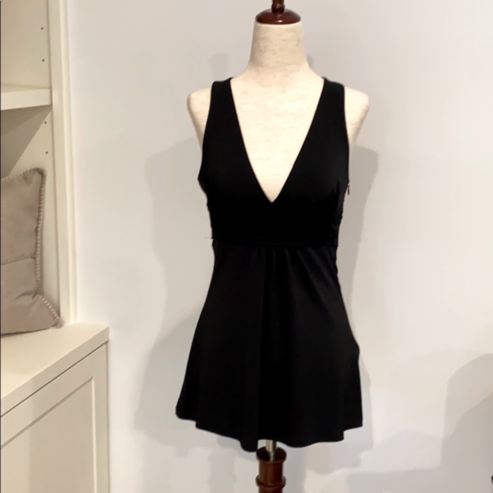 Black sleeveless top with lace around bodice